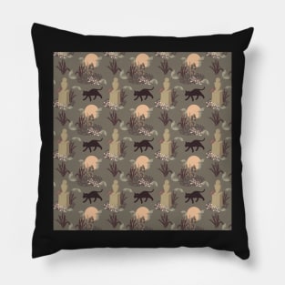 A cat, a statue and moths in dark muted autumn colors Pillow