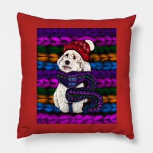 cavalier king charles spaniel in a knitted scarf and background Pillow