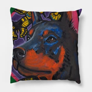Black dog Doberman and machaon butterflies Pillow