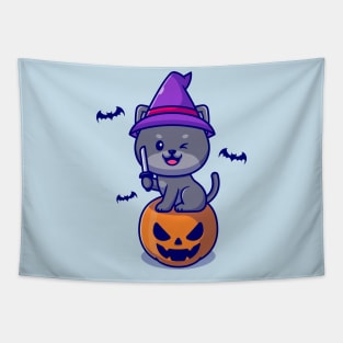 Cute Witch Cat Sitting On Pumpkin Halloween Holding Knife  Cartoon Tapestry