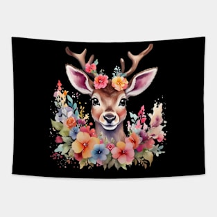 A deer decorated with beautiful watercolor flowers Tapestry