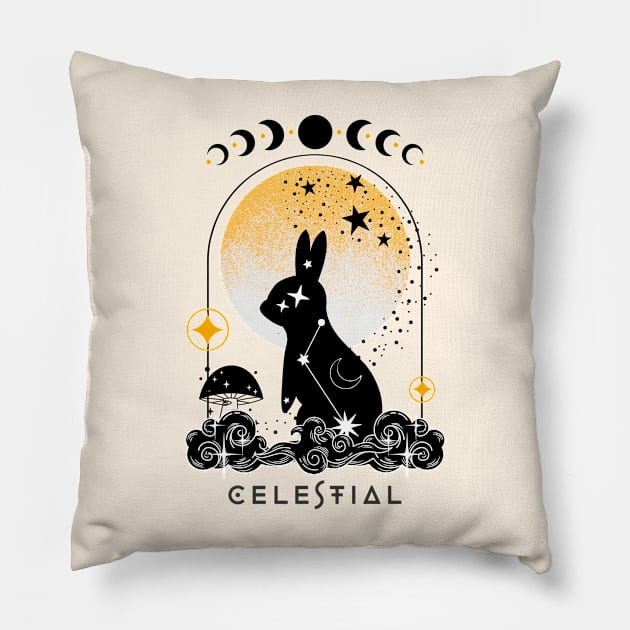 Celestial animal rabbit with magic mushroom Pillow by MonochromeEcho