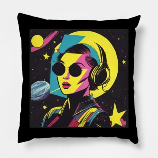 Retro Futurism Pop Art Girl with Retro Headphones Pillow