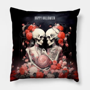 Happy Halloween: Halloween Skeletons in Love on a Dark Background Pillow