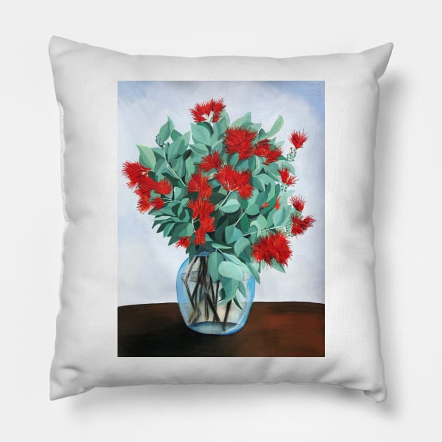 Red Native Flowers in Vase with Ice Blue Background Pillow by leahgay