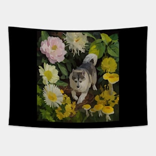 watercolor flowers surrounding a wild Kishu Tapestry