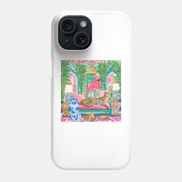 Cheetah and pink flamingo in preppy chinoiserie interior Phone Case by SophieClimaArt