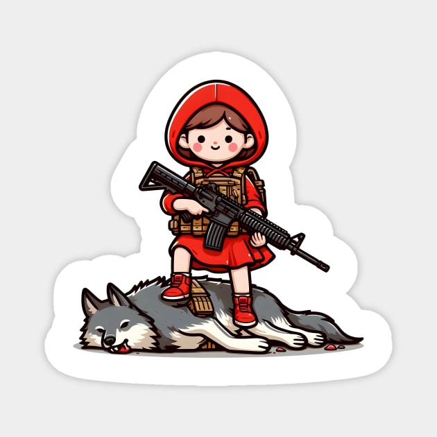 Tactical Little Red Riding Hood Adventure Tee: Where Fairytales Meet Bold Style Magnet by Rawlifegraphic