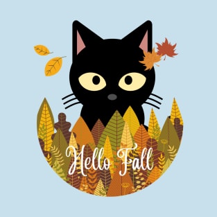 Hello fall Black Cat Autumn Fall Halloween Thanksgiving and Fall Color Lovers T-Shirt