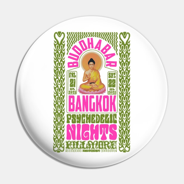 Psychedelic Nights at Bangkok Buddha Bar - Vintage Poster Design Pin by Boogosh