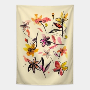 Yellow Expressive Ink Flowers Tapestry