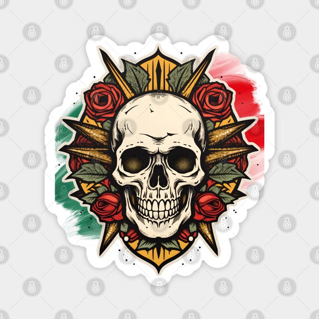 Rebel Roses: Gothic Skull Surrounded by Lush Florals, Dartboard-Inspired, Edgy Tattoo Artwork Magnet by WarFX Designs