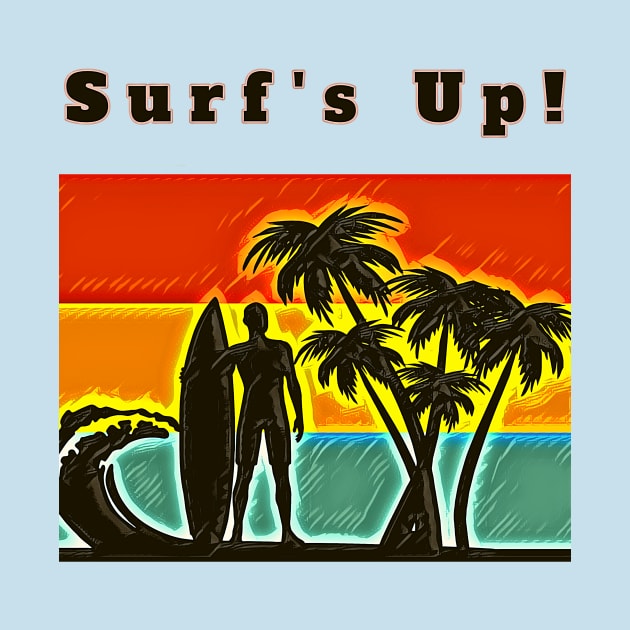 Surf's Up! (surfer, surfboard, palmtrees, waves, sunset) by PersianFMts