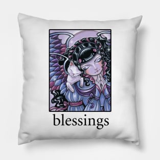 Angel and Kitten #1 - Quote - Blessings - Black Outlined Version Pillow