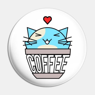 Happy cat in coffee cup with warped text heart on head blue Pin