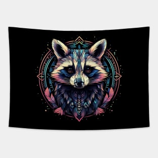 A Blue, Purple, Pink And Yellow Geometric Raccoon Tapestry
