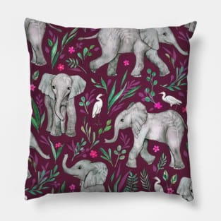 Baby Elephants and Egrets in Watercolor - burgundy red Pillow