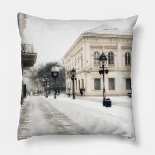 Vintage city winter in Belgrade Pillow