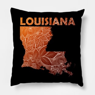 Colorful mandala art map of Louisiana with text in brown and orange Pillow