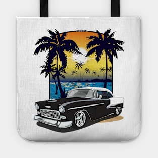 1955 Black Chevy Bel Air Beach Print Tote