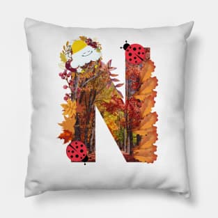 Letter N autumn fall leaves cloudy days theme September and October Brown colors gift idea Pillow