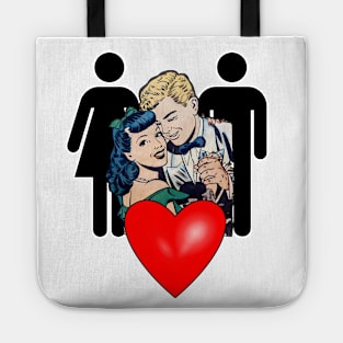 Blond boy's red heart with brunette girlfriend Tote