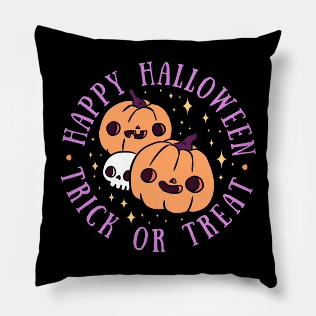 Happy Halloween trick or treat cute pumpkin heads with a skull Pillow by Yarafantasyart