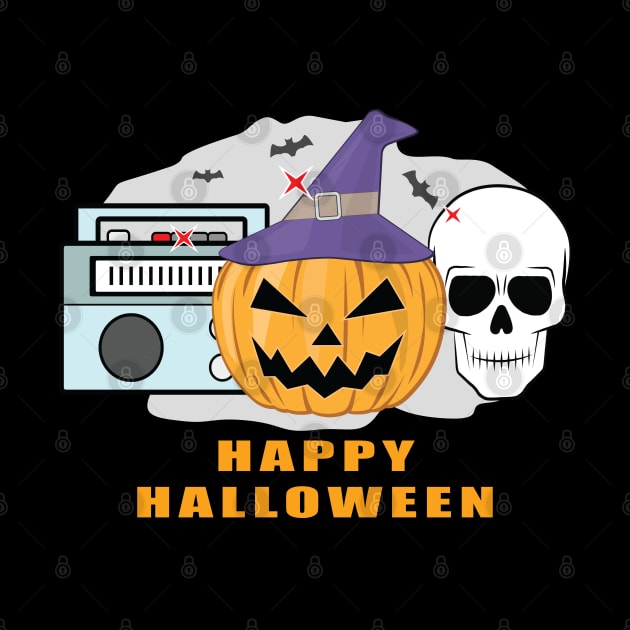 Happy Music Halloween - Spooky Skull, Pumpkin & Radio by DesignWood Atelier