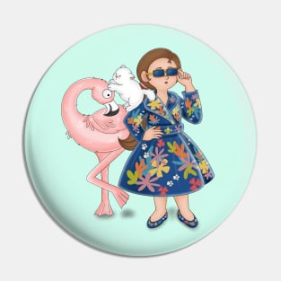 Stylist girl posed with pink flamingo and cat pet Pin