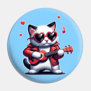 rock cat with ukulele Pin