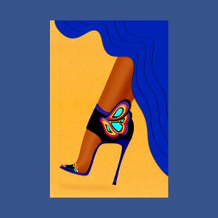 Colorful high heel shoe with blue skirt - Yellow background T-Shirt