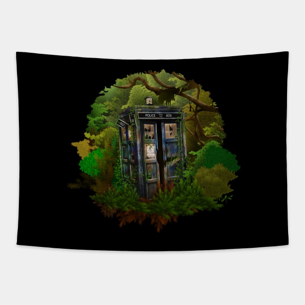 Abandoned Tardis in the deep jungle Tapestry by Dezigner007