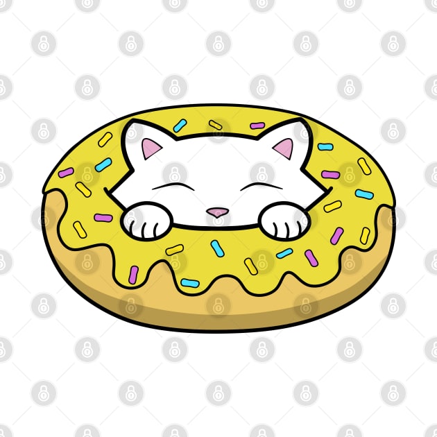 Cute white kitten eating a big yellow doughnut with sprinkles on top of it by Purrfect