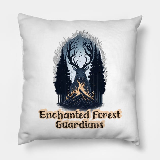 Enchanted Forest Guardians - bonefire - Forest Deer Pillow by JJ Art Space