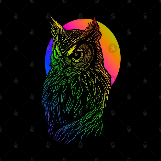 Rainbow colored owl with colorful full moon. by DaveDanchuk