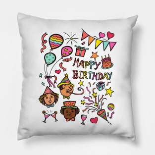 Illustration drawing of multi-ethnic group of young people celebrate birthday party. Happy birthday celebration concept. Pillow