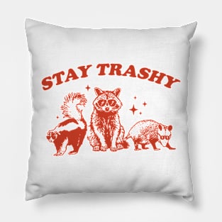 Stay Trashy Funny Meme Graphic T-Shirt, Retro Unisex Adult Tshirt, Vintage Raccoon Opossum Skunk Shirt, Nostalgia Pillow
