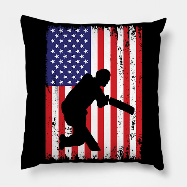 Cricket Player USA Flag 4th July American Independence Day Sport Tee Gift Red White Blue Pillow by Boneworkshop