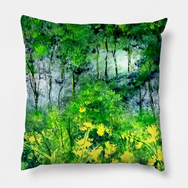 Lush Green Forest acrylic painting Pillow by SunilAngra