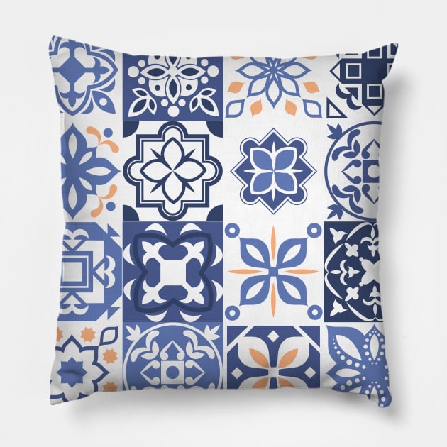 Blue Tile Small Border Pillow by Travel Designs