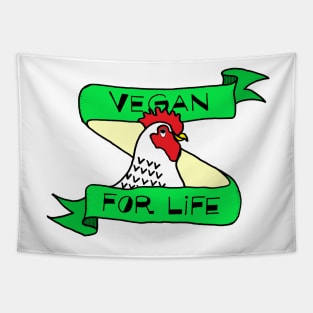 VEGAN FOR LIFE - Cute Hen in Green Banner Tapestry