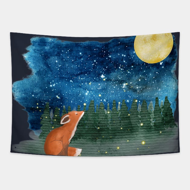 Fox looking at the Moon Tapestry by Petprinty