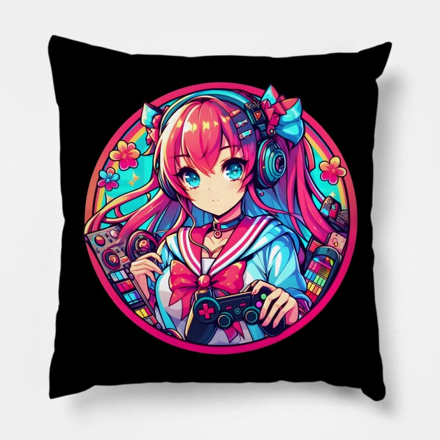 Girl gamer neon gamer Pillow by Japanese Fever