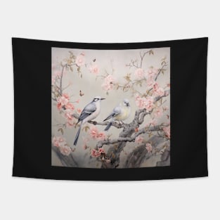 Grey and pink chinoiserie painting with birds and flowers Tapestry