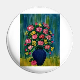 mixed flowers with red roses In a metallic blue vase Pin