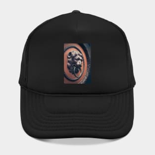 A decorative door knocker shaped like a lion's head Hat