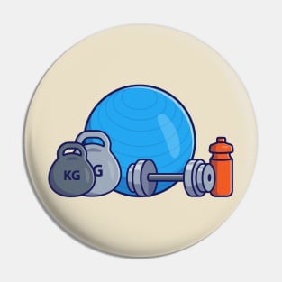 Barbell, Dumbbell, Bottle And Fitness Ball Cartoon Pin