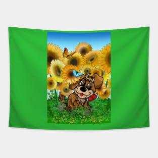 Cute puppy with butterflies in a sunflower field Tapestry