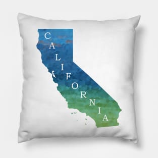 California Sate Map with Pacific ocean blue and green watercolors waves Pillow