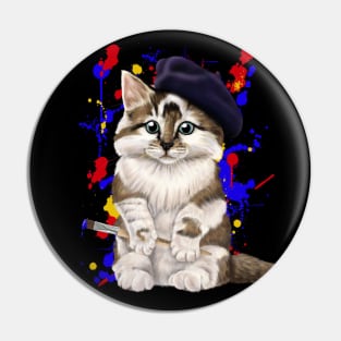 Artist cat - kitty in a beret with paintbrush Pin